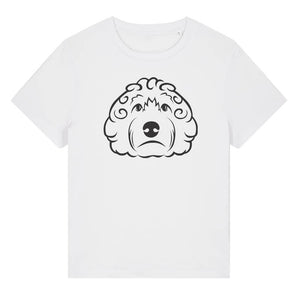 Black outline illustration of the head of a Cockapoo dog on the front of a white ladies t-shirt