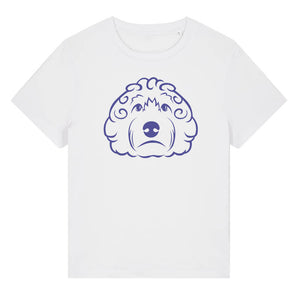 Blue outline illustration of the head of a Cockapoo dog on the front of a cotton pink ladies t-shirt