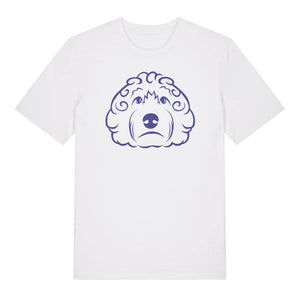 Blue outline illustration of the head of a Cockapoo on the front of a white unisex t-shirt