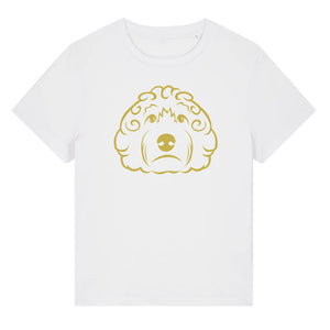 Gold outline illustration of the head of a Cockapoo dog on the front of a cotton pink ladies t-shirt