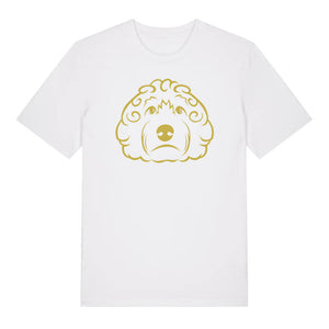 Gold outline illustration of the head of a Cockapoo on the front of a white unisex t-shirt