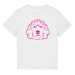 Magenta outline illustration of the head of a Cockapoo dog on the front of a cotton pink ladies t-shirt