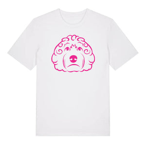 Magenta outline illustration of the head of a Cockapoo on the front of a white unisex t-shirt