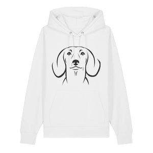 Black outline illustration of the head of a Dachshund on the front of a white unisex Hoodie