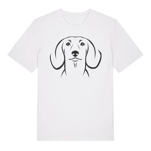 Black outline illustration of the head of a Dachshund on the front of a white unisex t-shirt
