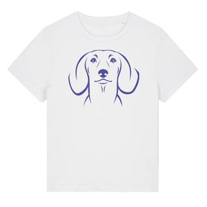 Blue outline illustration of the head of a Dachshund on the front of a white ladies t-shirt