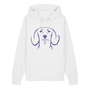 Blue outline illustration of the head of a Dachshund on the front of a white unisex Hoodie