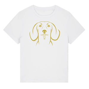 Gold outline illustration of the head of a Dachshund on the front of a white ladies t-shirt