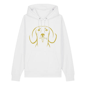 Gold outline illustration of the head of a Dachshund on the front of a white unisex Hoodie