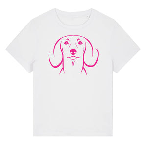 Magenta outline illustration of the head of a Dachshund on the front of a white ladies t-shirt