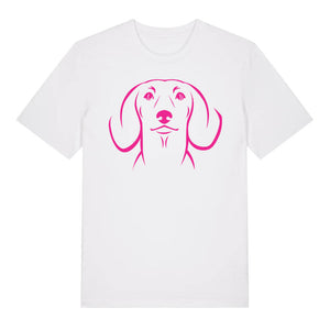 Magenta outline illustration of the head of a Dachshund on the front of a white unisex t-shirt