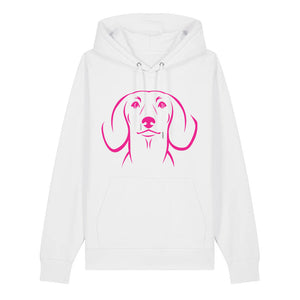 Magenta outline illustration of the head of a Dachshund on the front of a white unisex Hoodie