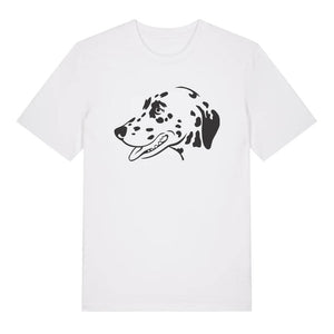 Black outline illustration of the head of a Dalmatian on the front of a white unisex t-shirt
