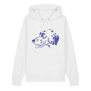 Blue outline illustration of the head of a Dalmatian on the front of a white unisex Hoodie