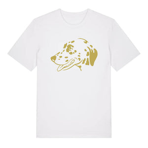 Gold outline illustration of the head of a Dalmatian on the front of a white unisex t-shirt