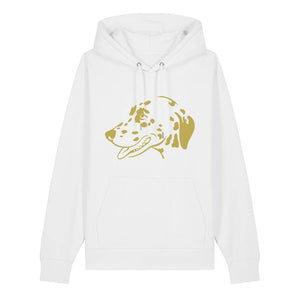 Gold outline illustration of the head of a Dalmatian on the front of a white unisex Hoodie