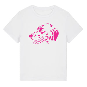 Magenta outline illustration of the head of a Dalmatian on the front of a white ladies t-shirt