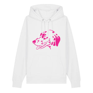 Magenta outline illustration of the head of a Dalmatian on the front of a white unisex Hoodie