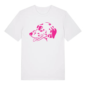 Magenta outline illustration of the head of a Dalmatian on the front of a white unisex t-shirt