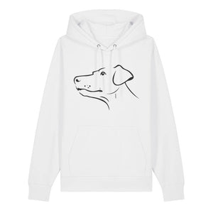 Black outline illustration of the head of a Dobermann on the front of a white unisex Hoodie