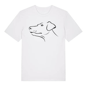Black outline illustration of the head of a Dobermann on the front of a white unisex t-shirt