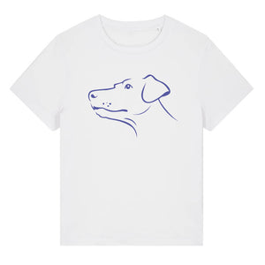 Blue outline illustration of the head of a Dobermann on the front of a white ladies t-shirt