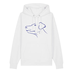Blue outline illustration of the head of a Dobermann on the front of a white unisex Hoodie