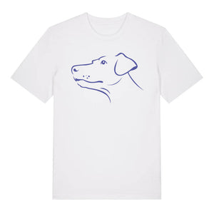 Blue outline illustration of the head of a Dobermann on the front of a bright blue unisex t-shirt