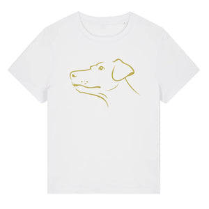 Gold outline illustration of the head of a Dobermann on the front of a white ladies t-shirt