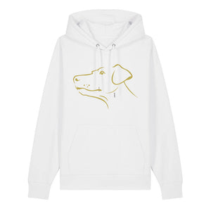 Gold outline illustration of the head of a Dobermann on the front of a white unisex Hoodie