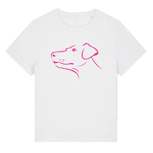 Magenta outline illustration of the head of a Dobermann on the front of a white ladies t-shirt