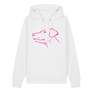 Magenta outline illustration of the head of a Dobermann on the front of a white unisex Hoodie
