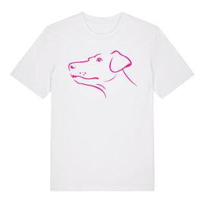 Magenta outline illustration of the head of a Dobermann on the front of a bright blue unisex t-shirt