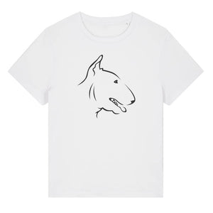 Black outline illustration of the head of a English Bull Terrier on the front of a white ladies t-shirt