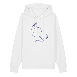 Blue outline illustration of the head of an English Bull Terrier on the front of a white unisex Hoodie