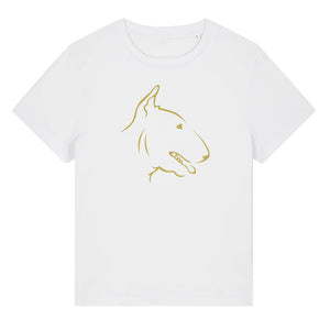 Gold outline illustration of the head of a English Bull Terrier on the front of a white ladies t-shirt