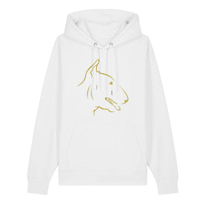 Gold outline illustration of the head of an English Bull Terrier on the front of a white unisex Hoodie
