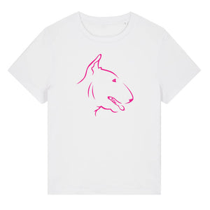 Magenta outline illustration of the head of a English Bull Terrier on the front of a white ladies t-shirt