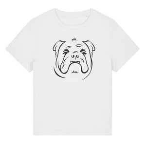 Black outline illustration of the head of a English Bulldog on the front of a  white ladies t-shirt
