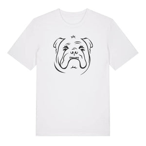 Black outline illustration of the head of a English Bulldog on the front of a white unisex t-shirt