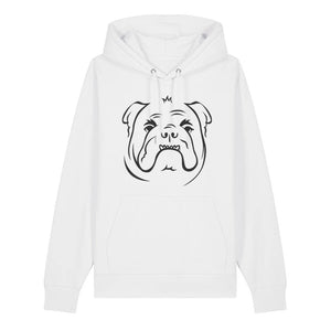 Black outline illustration of the head of an English Bulldog on the front of a white unisex Hoodie