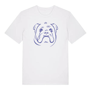 Blue outline illustration of the head of a English Bulldog on the front of a white unisex t-shirt
