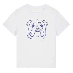 Blue outline illustration of the head of a English Bulldog on the front of a  white ladies t-shirt