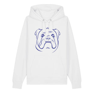 Blue outline illustration of the head of an English Bulldog on the front of a white unisex Hoodie