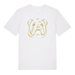 Gold outline illustration of the head of a English Bulldog on the front of a white unisex t-shirt