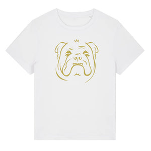 Gold outline illustration of the head of a English Bulldog on the front of a  white ladies t-shirt