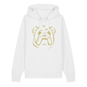 Gold outline illustration of the head of an English Bulldog on the front of a white unisex Hoodie