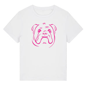 Magenta outline illustration of the head of a English Bulldog on the front of a  white ladies t-shirt