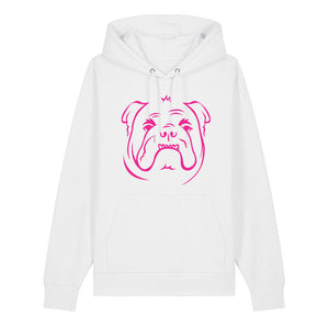 Magenta outline illustration of the head of an English Bulldog on the front of a white unisex Hoodie