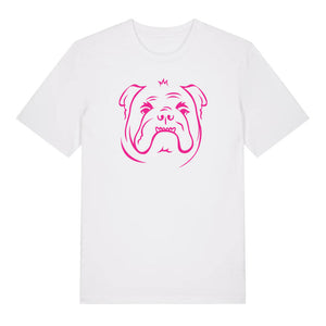 Magenta outline illustration of the head of a English Bulldog on the front of a white unisex t-shirt